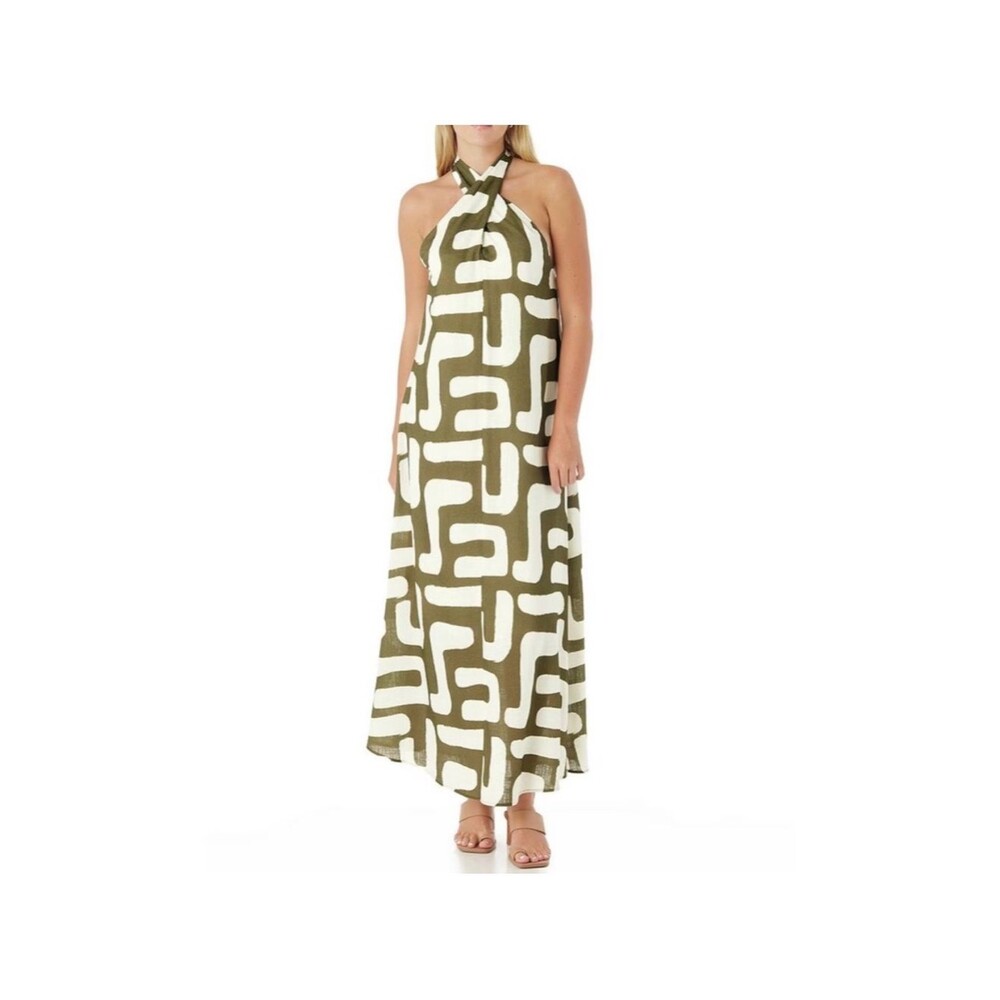 CROSBY by Mollie Burch Cleo Abstract Print Tie Halter Linen Blend Maxi Dress L